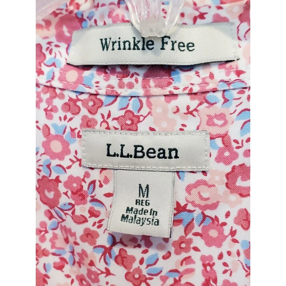 LL Bean Women's Pink Ditsy Print Wrinkle Free 3/4 Sleeve Button-Up Top Size MED